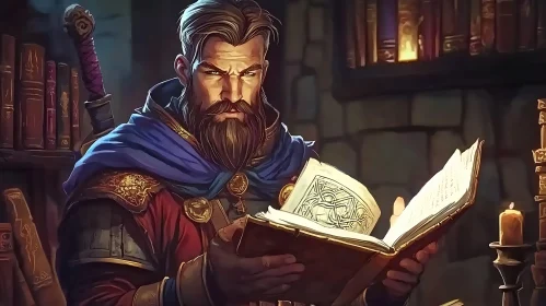 Man with beard reading old book