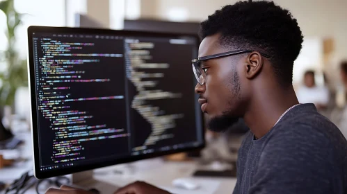 Man Coding Software with Intense Focus
