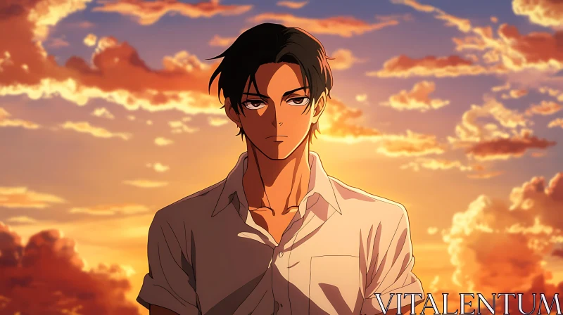 Anime Male Character Against Sunset Sky AI Image