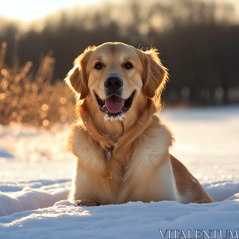 Happy Golden Retriever in Winter Landscape AI Image