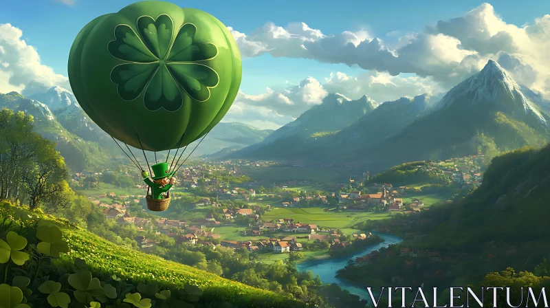 Whimsical Flight: Leprechaun in Clover Balloon AI Image