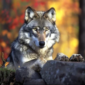 Resting Wolf in Fall Colors