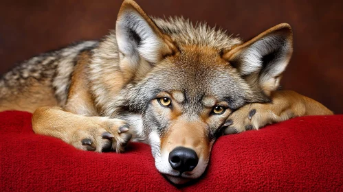 Calm Wolf Resting on a Red Pillow