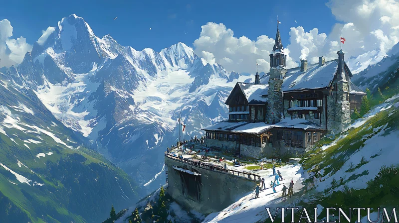 AI ART Snowy Mountain Retreat with Building