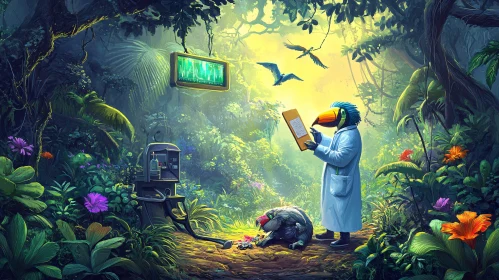 Toucan Scientist in Jungle Laboratory