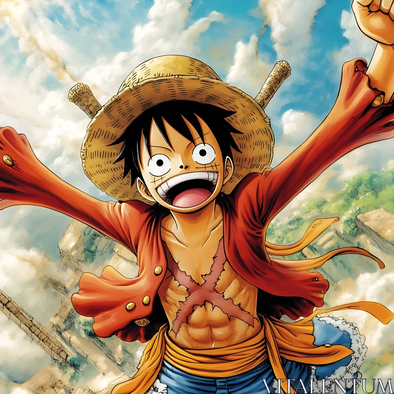 Joyful Anime Character with Straw Hat AI Image