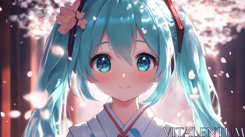 Anime Girl with Blue Hair and Pink Flowers AI Image