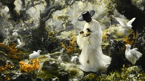 Man in White with Birds