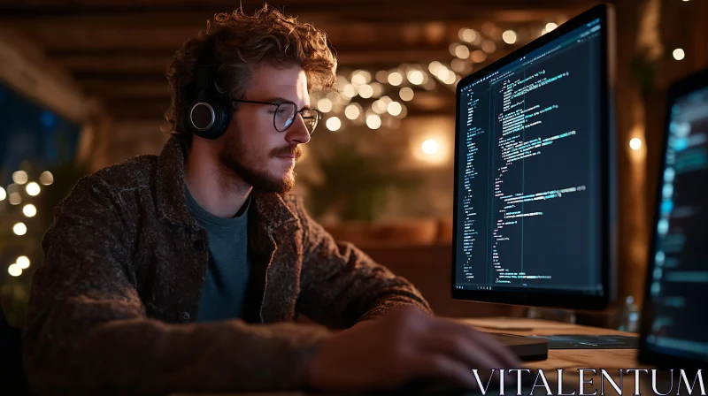 Man Coding With Headphones On Computer AI Image