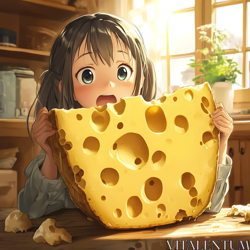 Young Girl Holding Giant Cheese in Anime Style AI Image