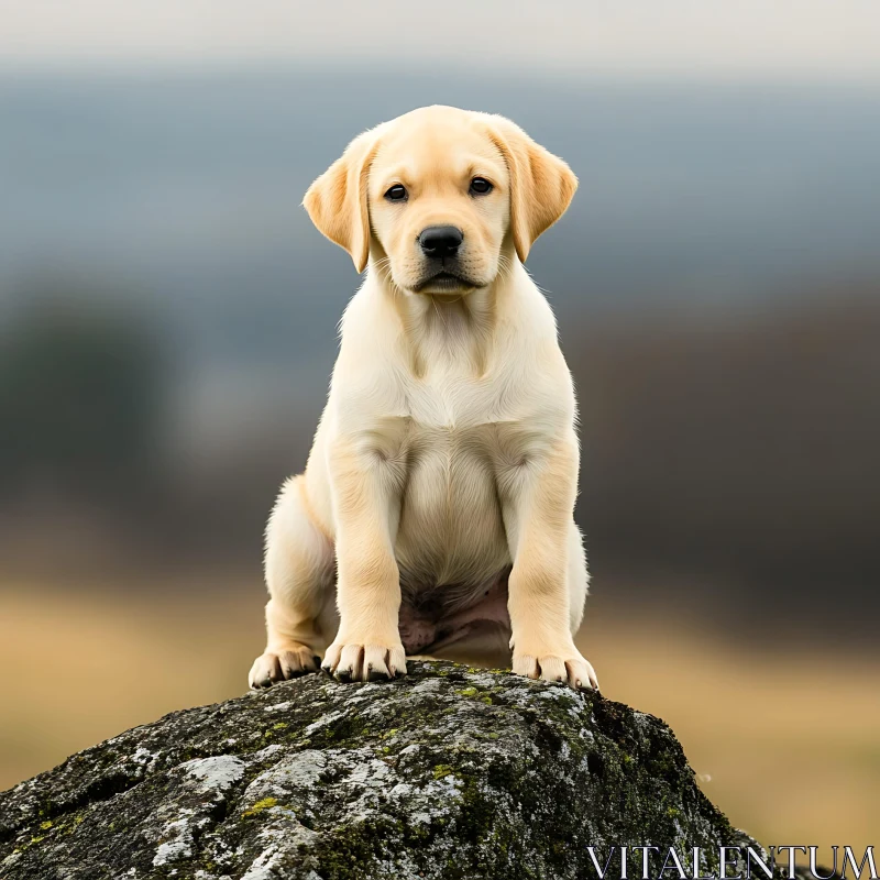 Charming Puppy Portrait on Outdoor Rock AI Image