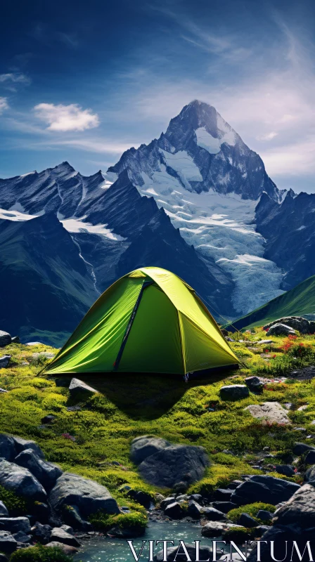 Green Tent in Mountain Landscape AI Image