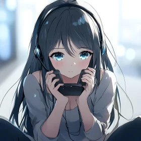 Anime Girl Engrossed in Gaming