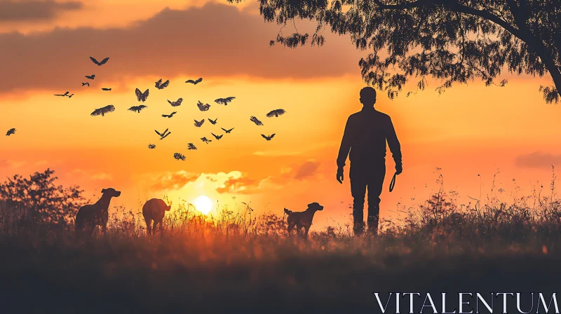 Man Walking with Dogs at Sunset under Flying Birds AI Image