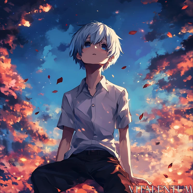 Pensive Anime Character Underneath a Sunset Sky AI Image