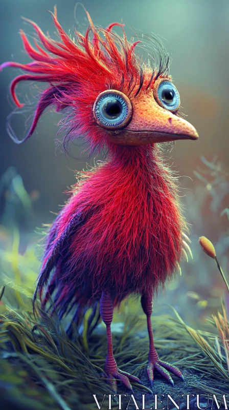 AI ART Whimsical Red-Feathered Bird with Large Eyes