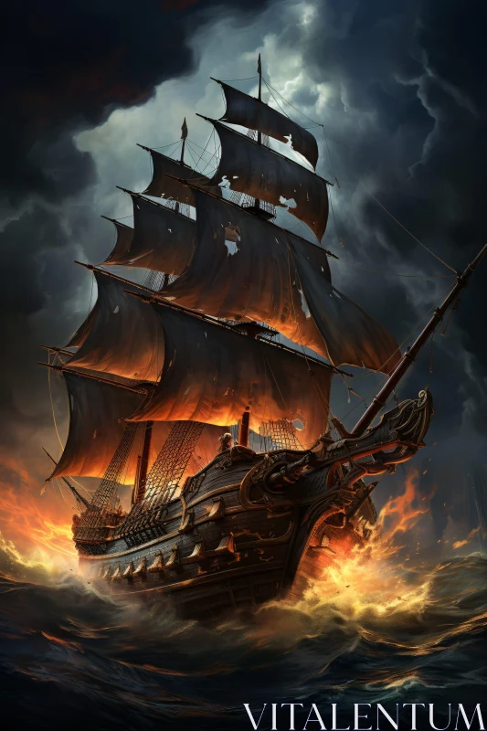 Burning Ship Battling a Storm at Sea AI Image