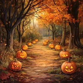 Mystical Autumn Pathway with Carved Pumpkins