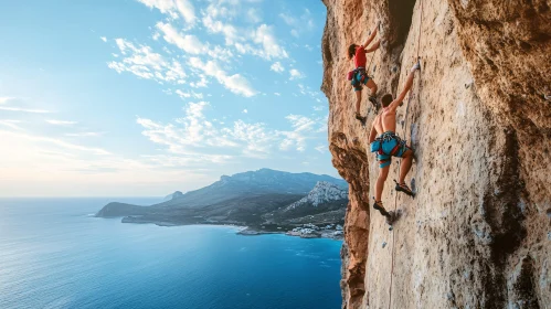 Climbers on a Cliff with Ocean View
