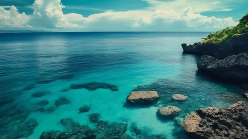 Tranquil Ocean Scene with Rocky Shoreline