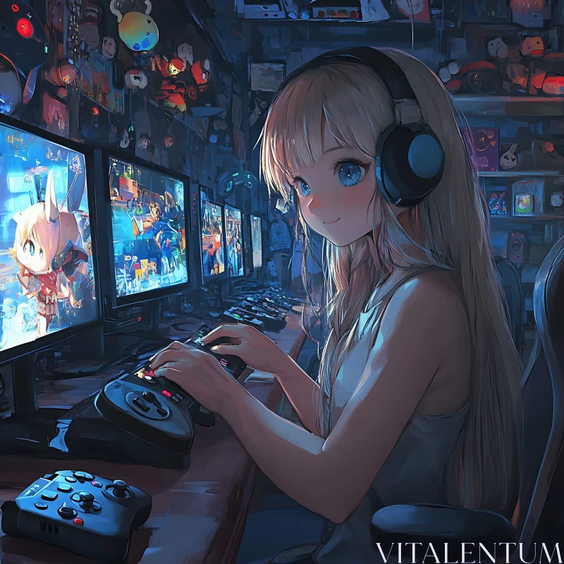 Anime Gamer Girl in a Cozy Gaming Room AI Image