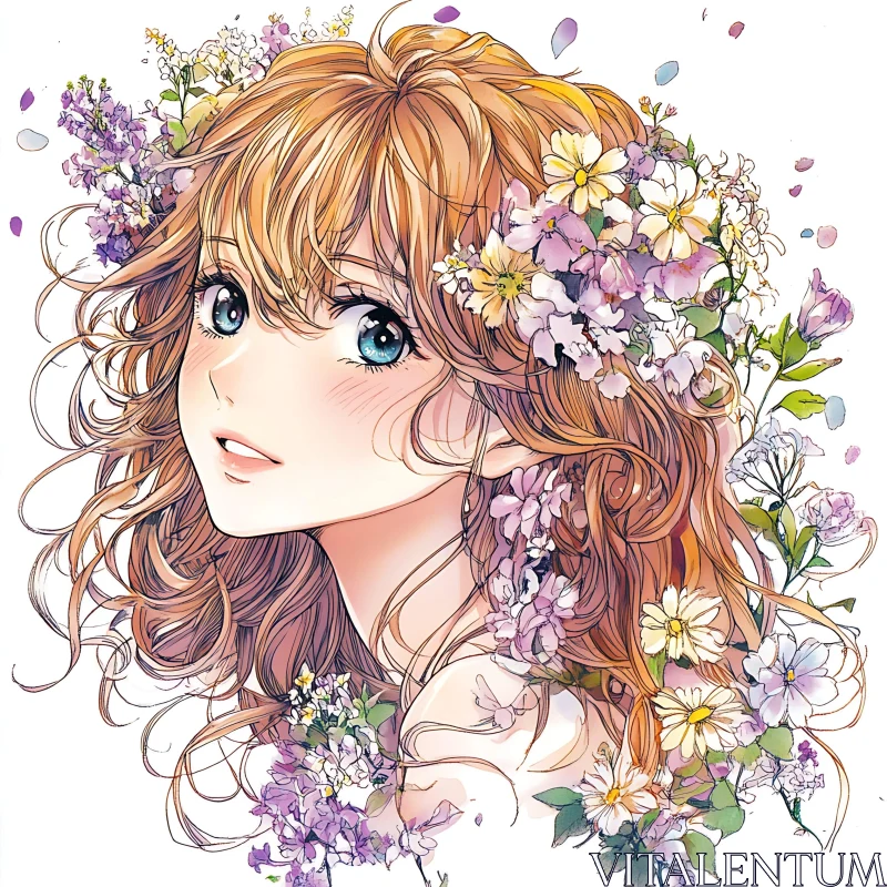 Blue-Eyed Anime Girl with Flower-adorned Hair AI Image