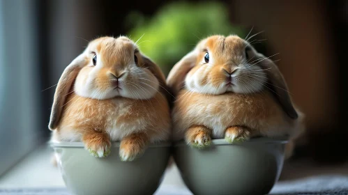 Fluffy Rabbits in Ceramic Bowls