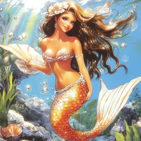 Golden Mermaid with Flower Crown Illustration