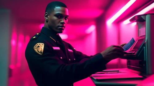 Guarding Finances: A Neon-Lit Encounter