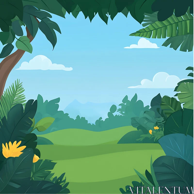 AI ART Illustrated Nature Scene with Green Foliage and Clear Sky