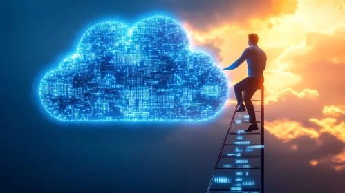 Man Climbing to Cloud Technology Concept