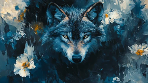 Blue Wolf Among Flowers Painting