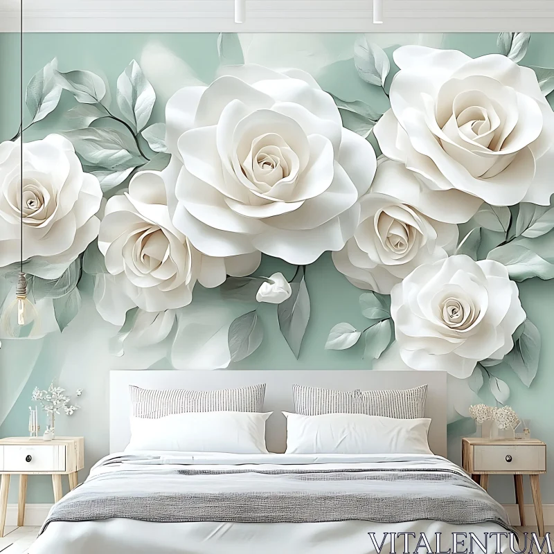 White Rose Floral Wall Art in Bedroom AI Image