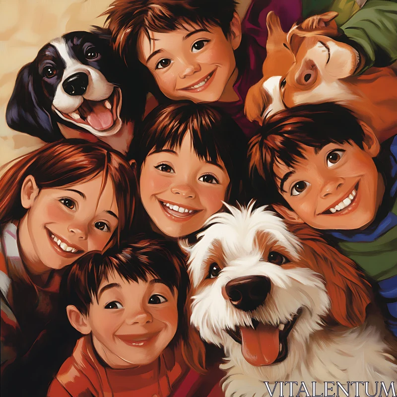 Joyful Group Portrait of Kids and Pets AI Image