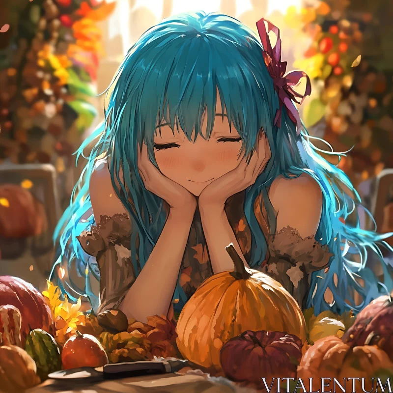 AI ART Anime Girl with Blue Hair in Cozy Autumn Atmosphere