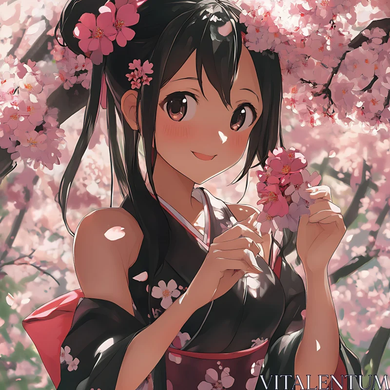 Anime Girl with Cherry Blossoms AI Image