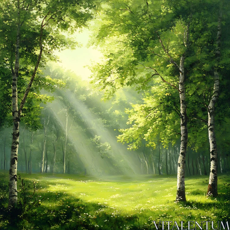 Peaceful Sunlit Forest Scene AI Image