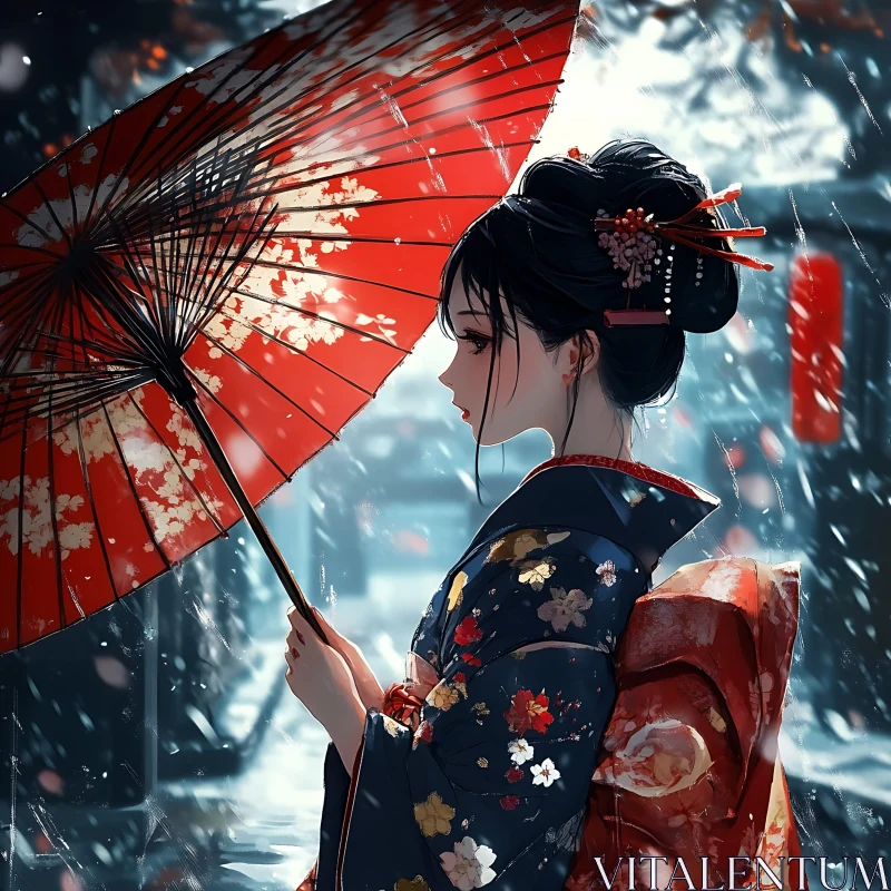 Traditional Anime Woman with Umbrella in Rain AI Image