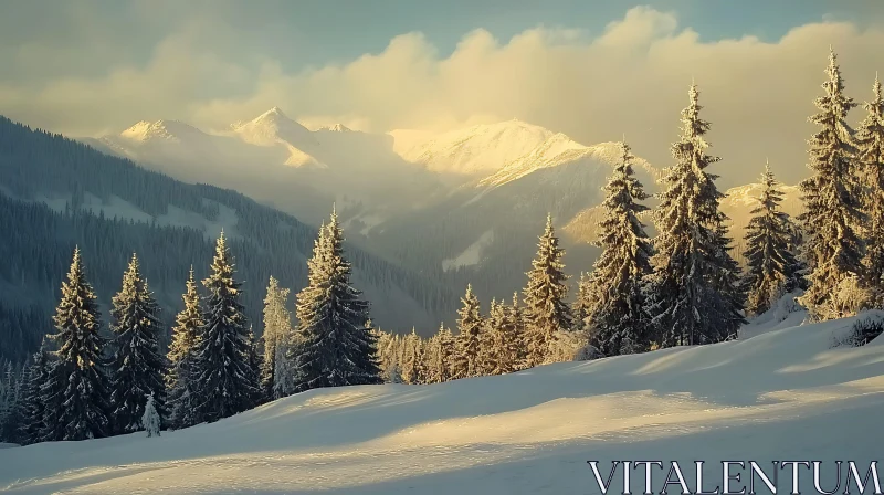 Snowy Mountain Range with Pine Forest AI Image