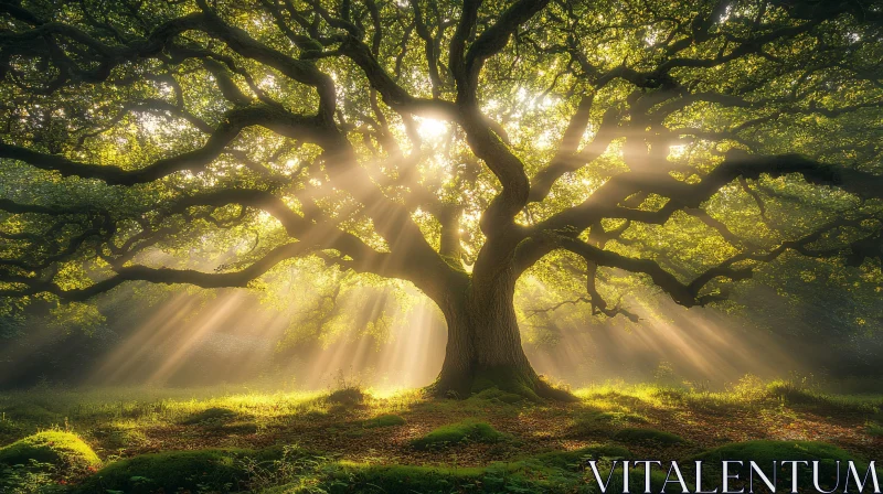 Sunlit Tree in Verdant Forest AI Image