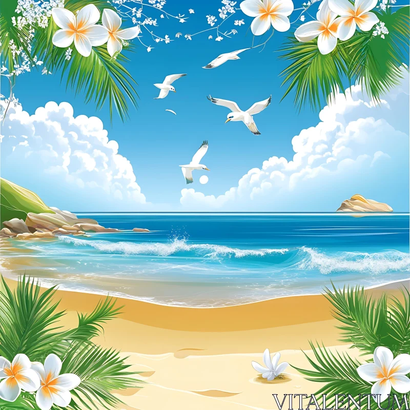 AI ART Seagulls Flying Over Tropical Beach