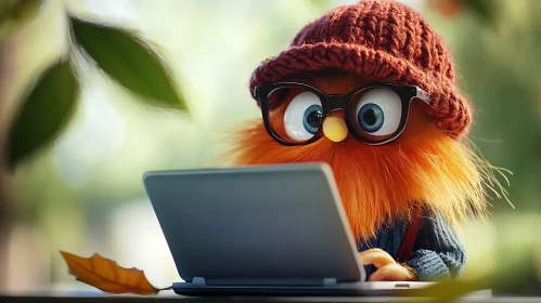 Whimsical Furry Character with Laptop