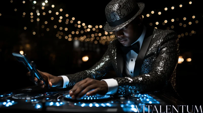 Glamorous DJ in Tuxedo with Turntable - Silver and Azure Elegance AI Image