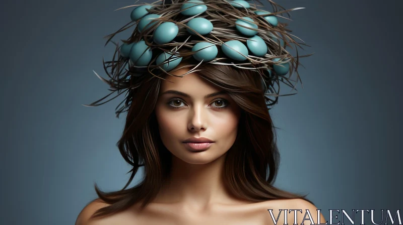 Stunning Woman with Blue Eggs on Head - Ultra Realistic Art AI Image