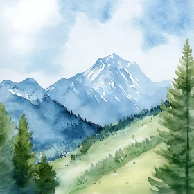 Peaceful Mountain Watercolor Painting Scene