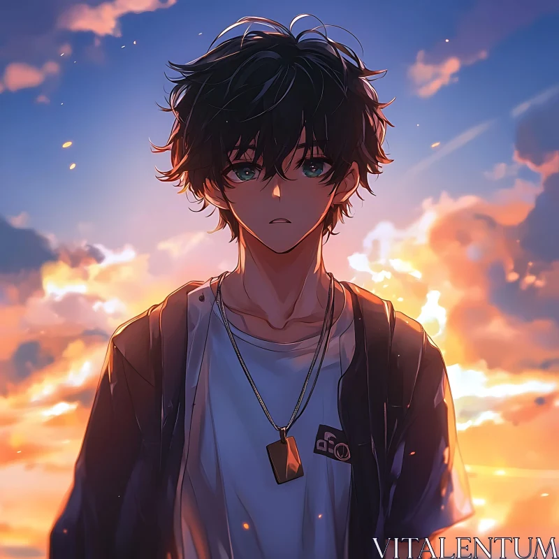 Boy in Anime Art with Sunset Background AI Image