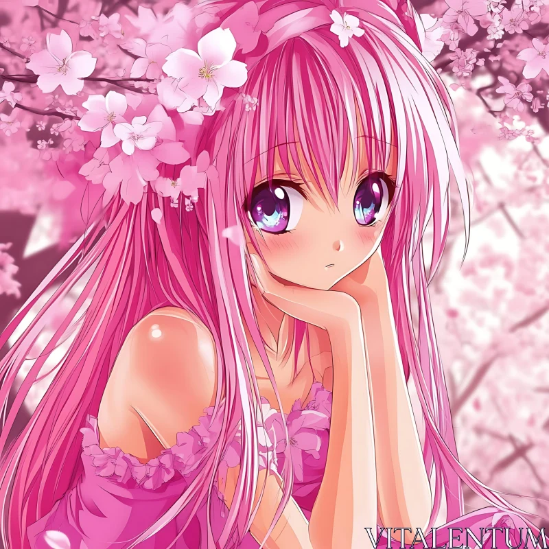 Anime Girl in Pink with Cherry Blossoms AI Image