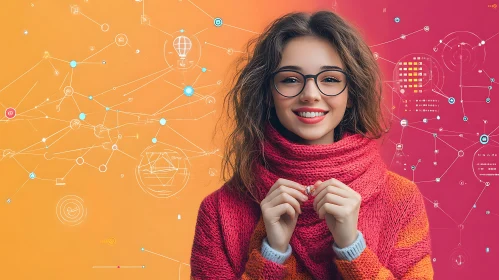 Portrait of a Cheerful Woman with Tech Background