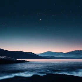 Serene Night Seascape with Mountains