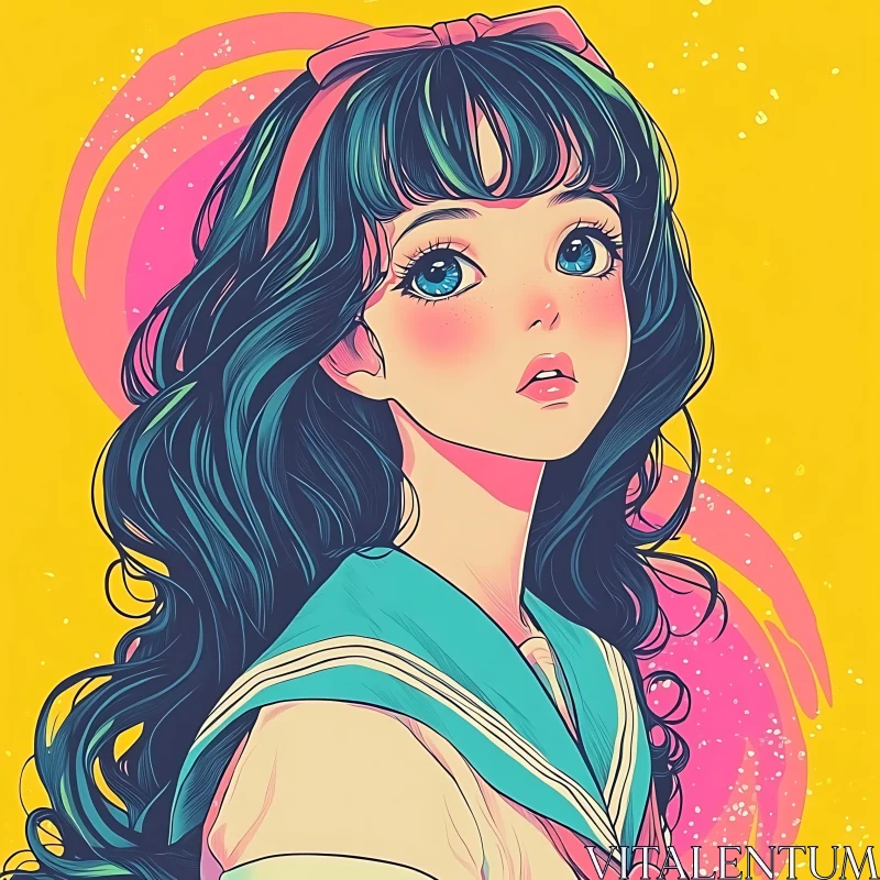 Illustration of Anime Girl with Blue Hair and Yellow Background AI Image